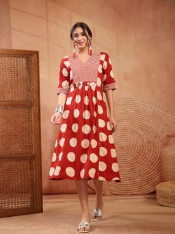 Stylum - Women's Rust Block Printed Cotton Flared Dress