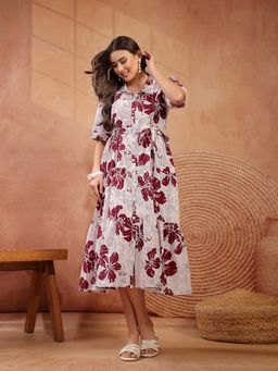Stylum - Women's Wine Floral Printed Cotton Flared Dress