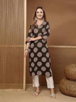 Stylum - Women's Green Block Printed Cotton Straight Kurta