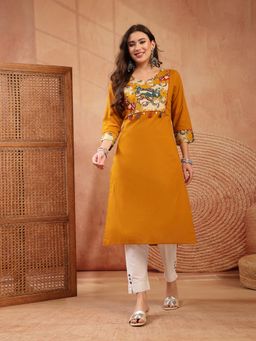 Stylum - Women's Mustard Animal Print Rayon Straight Kurta