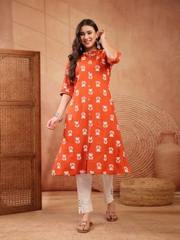 Stylum - Women's Orange Printed Rayon A-Line Kurta