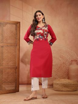 Stylum - Women's Red Animal Print Rayon Straight Kurta