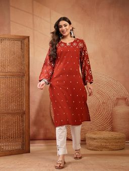 Stylum - Women's Rust Ethnic Printed Cotton Straight Kurta