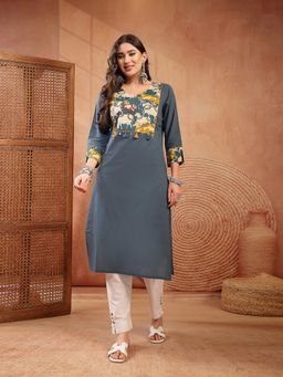 Stylum - Women's Teal Animal Print Rayon Straight Kurta