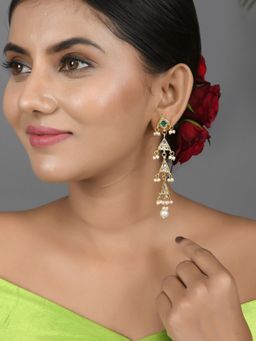 DASTOOR - Long White-Green Kundan Party Earrings with Pearl Detailing