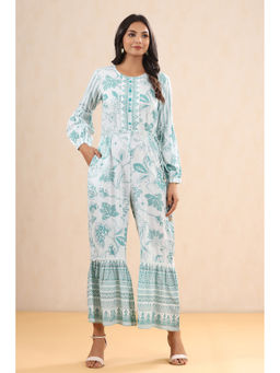 Juniper - Teal Floral Printed Rayon Flared Jumpsuit.