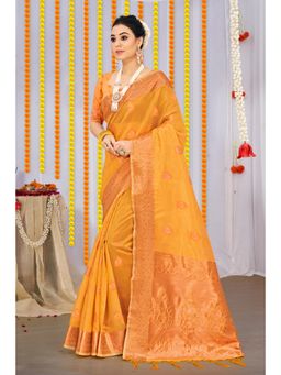 Sangam Prints - Yellow Organza Woven Zari Work Traditional Tassel Saree with Unstitched Blouse