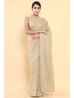 Soch - Women Beige Georgette Embroidered Saree with Unstitched Blouse