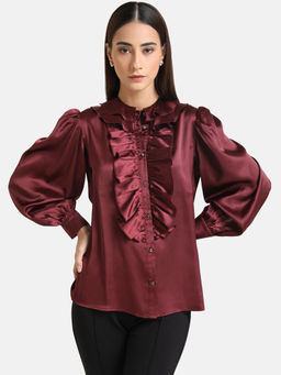 Kazo - Maroon Solid Satin Shirt With Ruffles