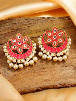 Estele - Gold Tone Flower Designer Earrings with Pearl & Pink Enamel for Women