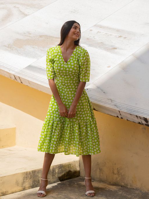 Buy Kaori By Shreya Lime Green Polka Shoulder Gathered Sleeve Dress Online