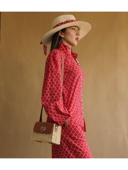 Kaori By Shreya - Geometric Lava Red Co-ord Set With Belt (Set of 3)