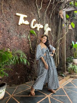 Kaori By Shreya - Jet Black Polka Jacket with Front Tie Up Top and Pant (Set of 3)