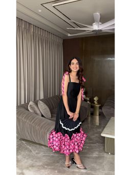 Kaori By Shreya - Black Shoulder Tie Up Midi Dress 3D Pink Flower