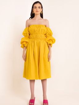 Kaori By Shreya - Yellow Pleated Volume Sleeves Midi Dress