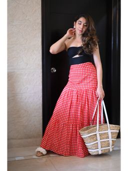 Kaori By Shreya - Black & Red Bust Fitted Crop Top And Skirt (Set of 2)