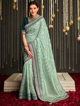 Akhilam - Womens Dola Silk Turquoise Embroidered Designer Saree with Unstitched Blouse