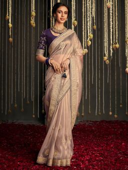 Akhilam - Womens Silk Blend Rose Gold Embroidered Designer Saree with Unstitched Blouse