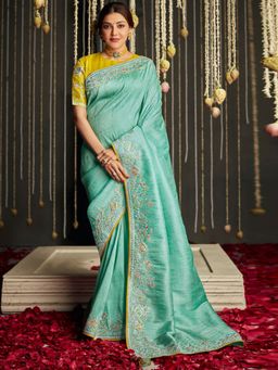 Akhilam - Womens Kanjeevaram Silk Blue Embroidered Designer Saree with Unstitched Blouse