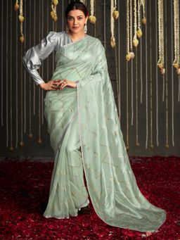 Akhilam - Womens Silk Blend Sea Green Embellished Designer Saree with Unstitched Blouse