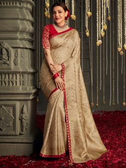 Akhilam - Womens Jacquard Cream Embroidered Designer Saree with Unstitched Blouse