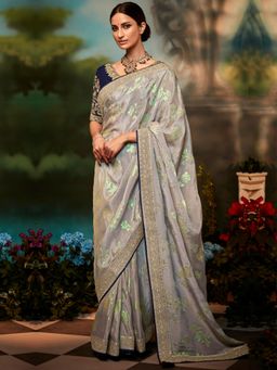 Akhilam - Womens Jacquard Metallic Embroidered Designer Saree with Unstitched Blouse