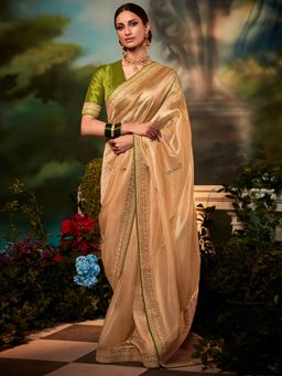 Akhilam - Womens Silk Blend Cream Embroidered Designer Saree with Unstitched Blouse