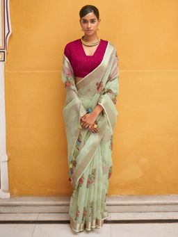 Akhilam - Womens Tissue Light Green Printed Designer Saree with Unstitched Blouse