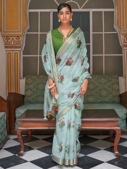 Akhilam - Womens Tissue Light Blue Printed Designer Saree with Unstitched Blouse