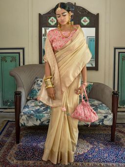 Akhilam - Womens Tissue Cream Woven Designer Saree with Unstitched Blouse