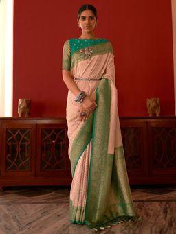 Akhilam - Womens Silk Blend Rose Gold Woven Designer Saree with Unstitched Blouse