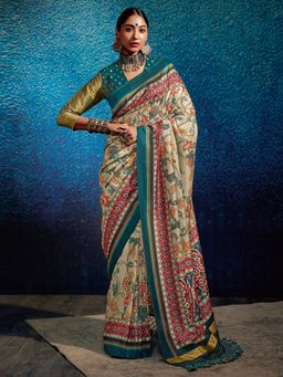 Akhilam - Womens Manipuri Silk Light Green Printed Designer Saree with Unstitched Blouse