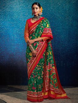 Akhilam - Womens Manipuri Silk Green Printed Designer Saree with Unstitched Blouse