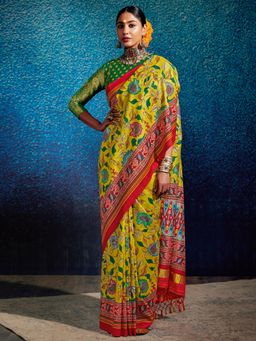Akhilam - Womens Manipuri Silk Lemon Yellow Printed Designer Saree with Unstitched Blouse