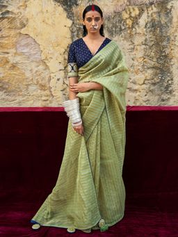 Akhilam - Womens Organza Light Green Embellished Designer Saree with Unstitched Blouse