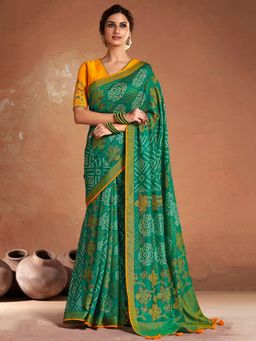 Akhilam - Womens Brasso Teal Blue Printed Designer Saree with Unstitched Blouse