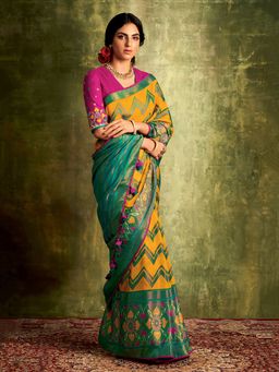 Akhilam - Womens Brasso Mustard Printed Designer Saree with Unstitched Blouse