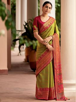 Akhilam - Womens Brasso Green Printed Designer Saree with Unstitched Blouse