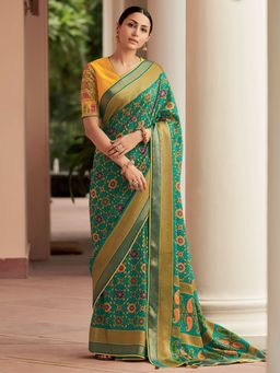 Akhilam - Womens Brasso Teal Blue Printed Designer Saree with Unstitched Blouse