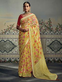 Akhilam - Womens Brasso Yellow Printed Designer Saree with Unstitched Blouse