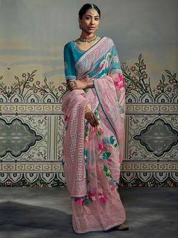 Akhilam - Womens Brasso Pink Printed Designer Saree with Unstitched Blouse