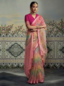 Akhilam - Womens Brasso Multicolored Printed Designer Saree with Unstitched Blouse