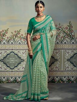 Akhilam - Womens Brasso Sea Green Printed Designer Saree with Unstitched Blouse