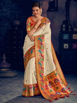 Akhilam - Womens Dola Silk Off White Woven Designer Saree with Unstitched Blouse