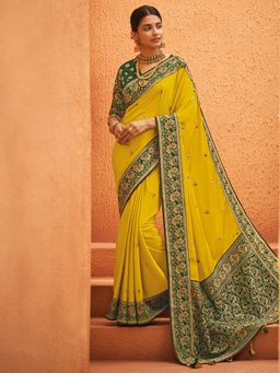 Akhilam - Womens Silk Blend Yellow Woven Designer Saree with Unstitched Blouse