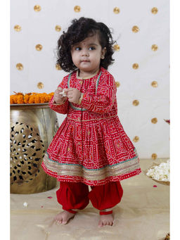 TIBER TABER - Baby Girl Bandhani Cotton Anarkali Kurta with Salwar- Red (Set of 2)