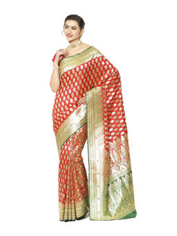 Banarasi Silk Works - Red Mughal Motif Heavy Satin Saree with Unstitched Blouse