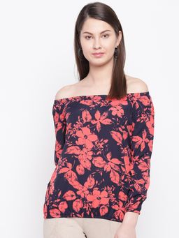 RARE - Women Blue & Coral Red Printed Bardot Top