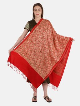MUFFLY - Silky Pashmina Fine Wool Nalki Border Embroidered Needle Work Stole Red