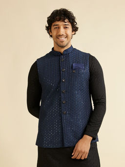 Manyavar - Navy Blue Blended Viscose Jacket